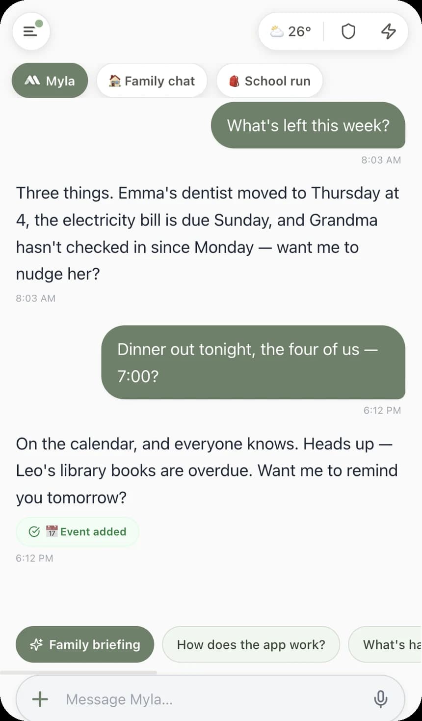 Myla in Aparator, adding a dinner to the family calendar and flagging overdue library books